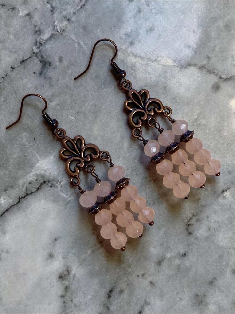 New Elegant Pink Czech Glass Rondel Bead & Copper Chandelier Earrings